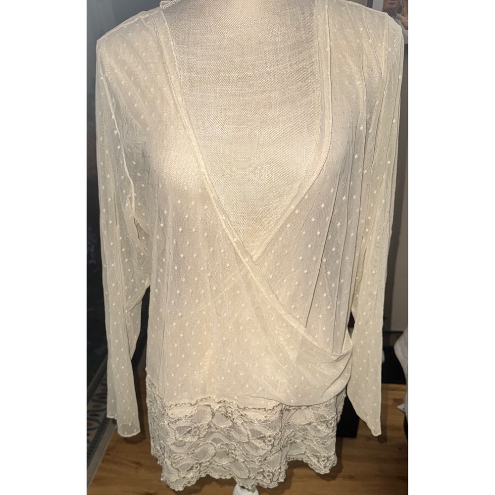 Vtg Y2K Seven7 For All Mankind Ivory Sheer Swiss Dot Mesh Lace Wrap Top 18/20 2x